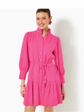 Lilly Pulitzer Hot Pink Button-Front Tiered Shirt Dress
